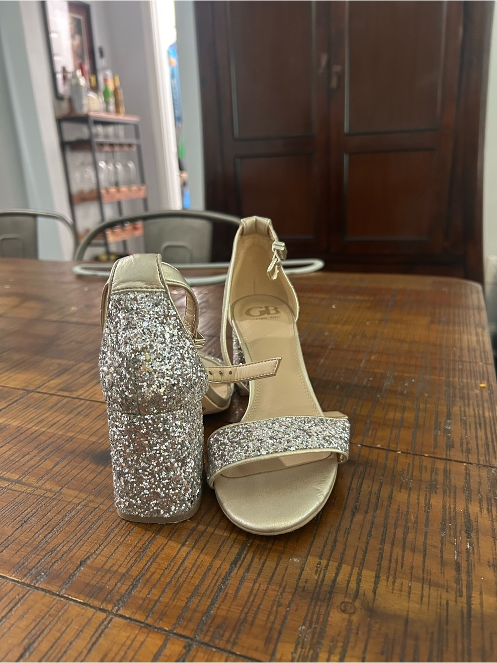 Gianni Bini Champagne Gold Glitter Block Heel Sandals